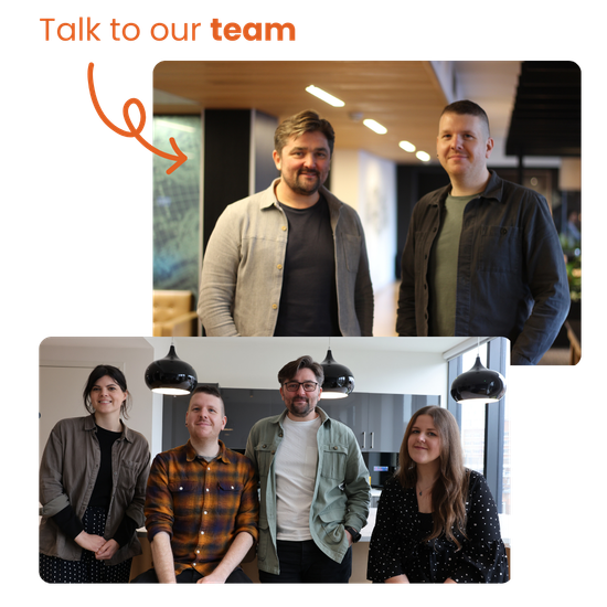 Two pictures of Ayup Team members side by side and an arrow that says "talk to our team"