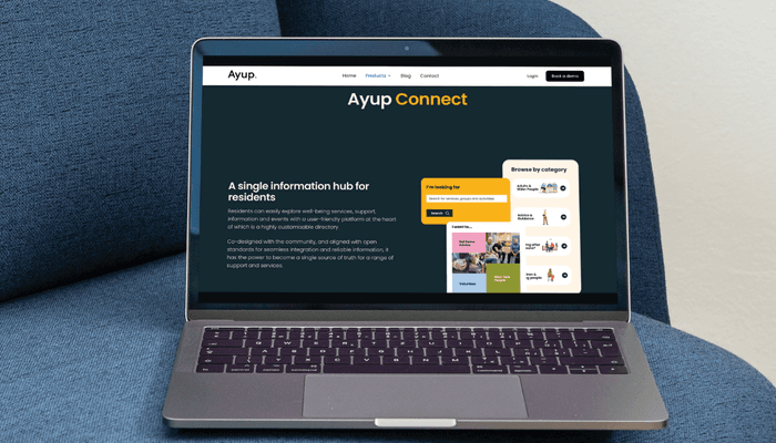 A laptop on a chair with the Ayup Connect page on the screen