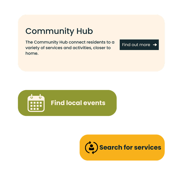 A snippet of a Community hub information box, a button to find an event, and a button to search for services.