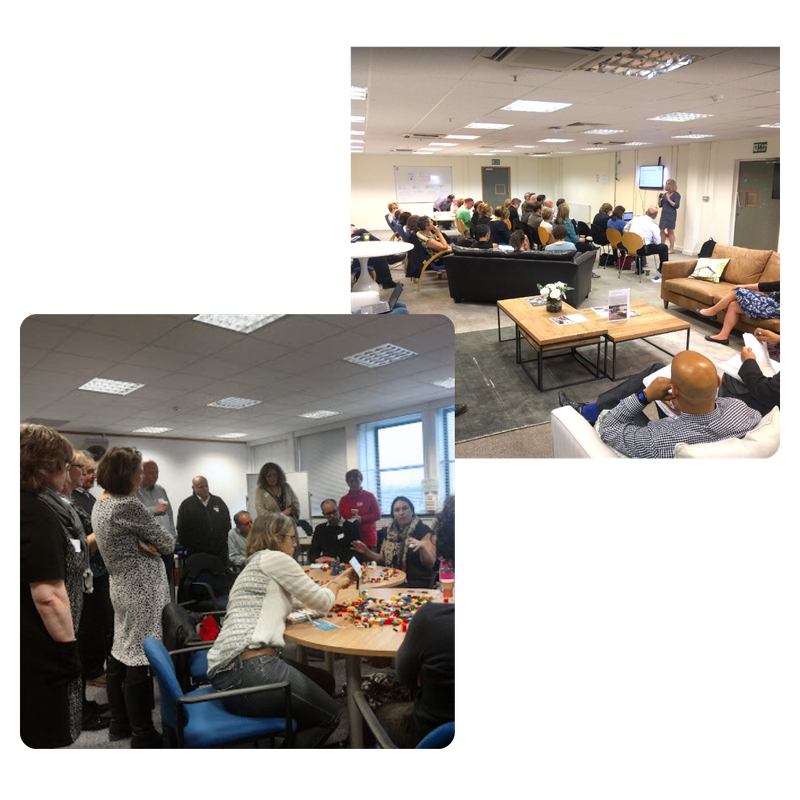 Two photos of groups gathered for co-production workshops